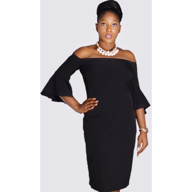 black off the shoulder bell sleeve dress